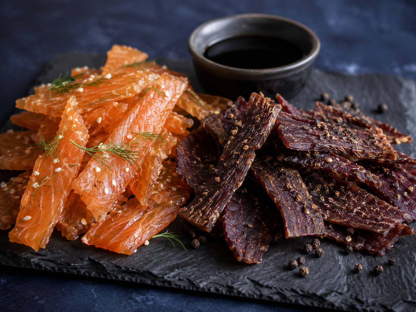 Low Tide Jerky — thin crispy beef jerky and Asian-style fish jerky on slate